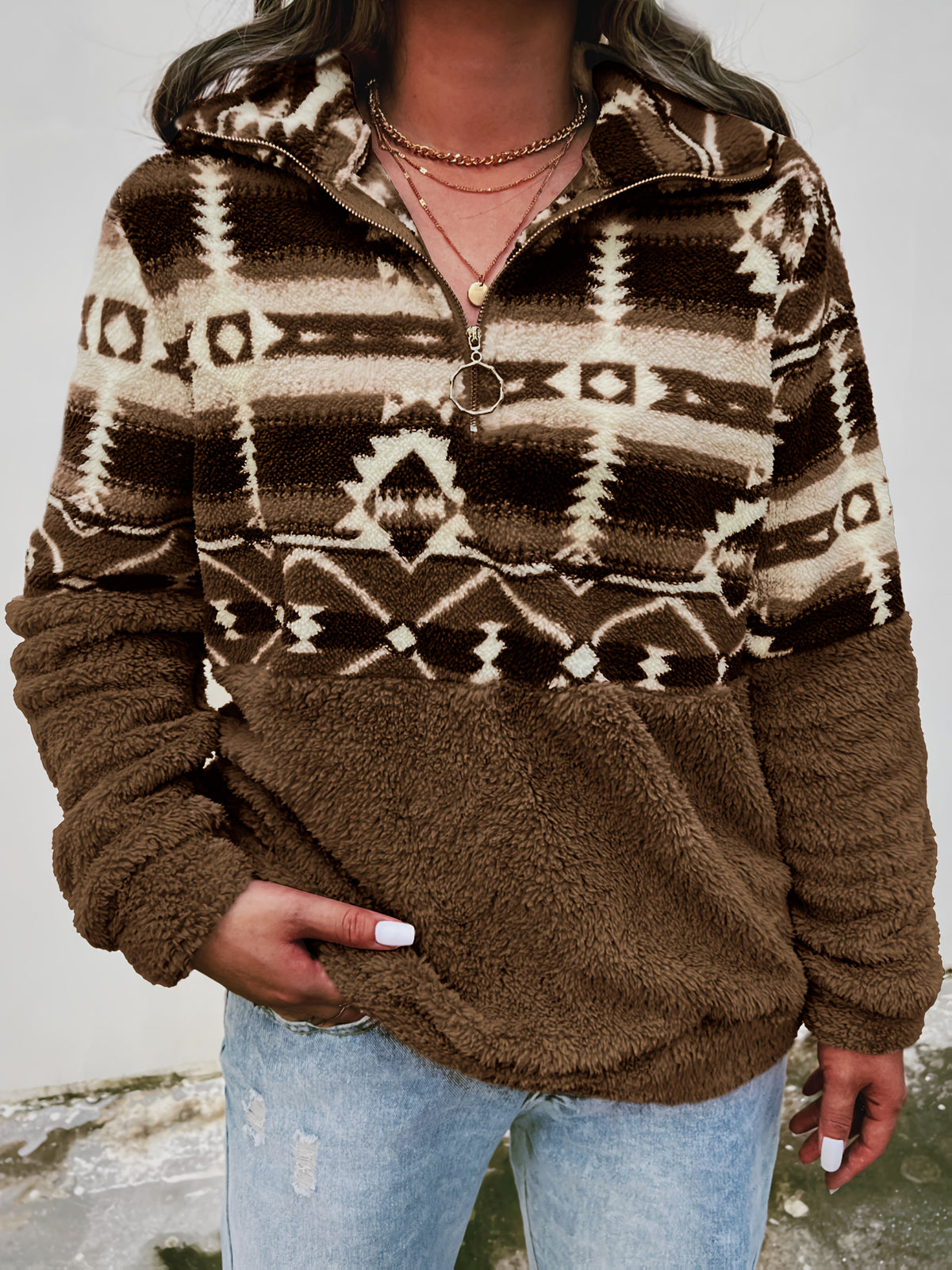 BEAUMONT NICE | SWEAT-SHIRT À MI-ZIP EN MOTIF GÉOMÉTRIQUE POUR FEMMES