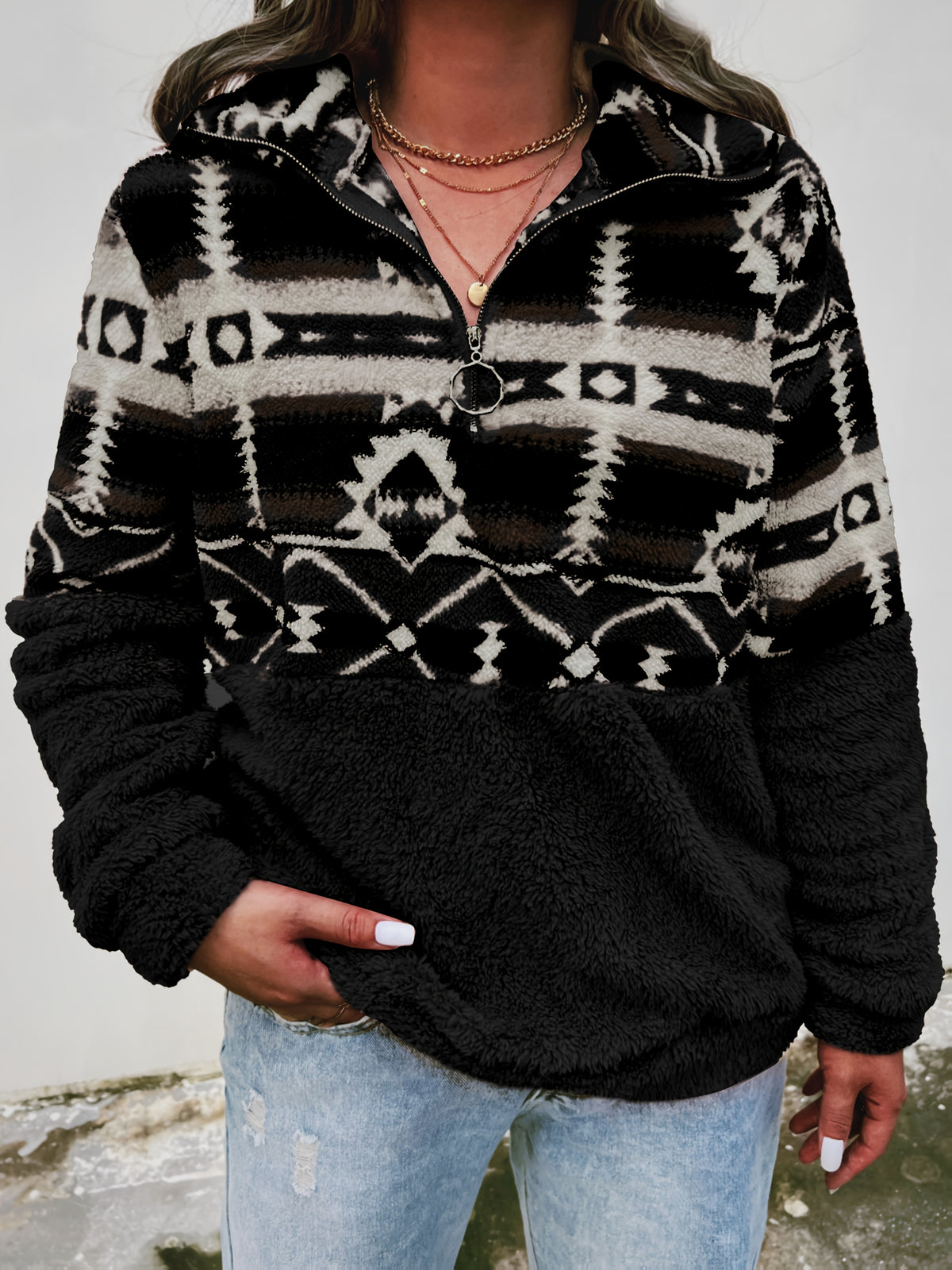 BEAUMONT NICE | SWEAT-SHIRT À MI-ZIP EN MOTIF GÉOMÉTRIQUE POUR FEMMES