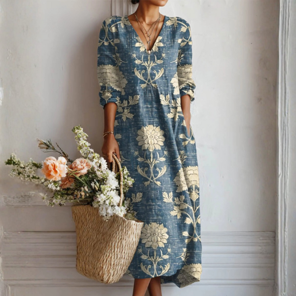 BEAUMONT NICE | ROBE MIDI EN LIN FLORAL ANCIEN POUR FEMMES