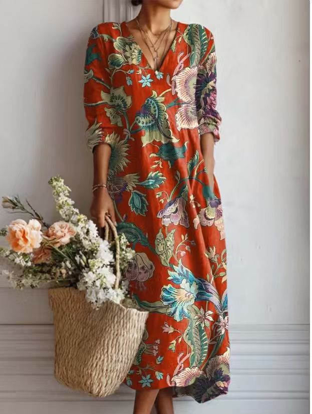 BEAUMONT NICE | ROBE MIDI EN LIN FLORAL ANCIEN POUR FEMMES