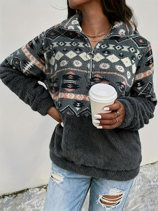 BEAUMONT NICE | SWEAT-SHIRT À MI-ZIP EN MOTIF GÉOMÉTRIQUE POUR FEMMES