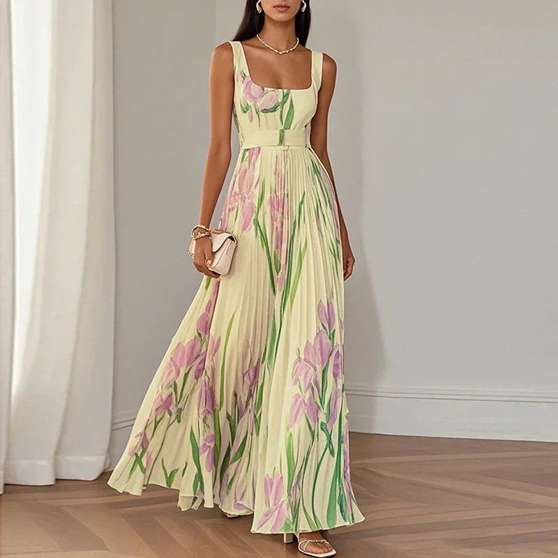 BEAUMONT NICE | ROBE MAXI PLISSÉE À IMPRIMÉ FLORALE ÉLÉGANT POUR FEMMES