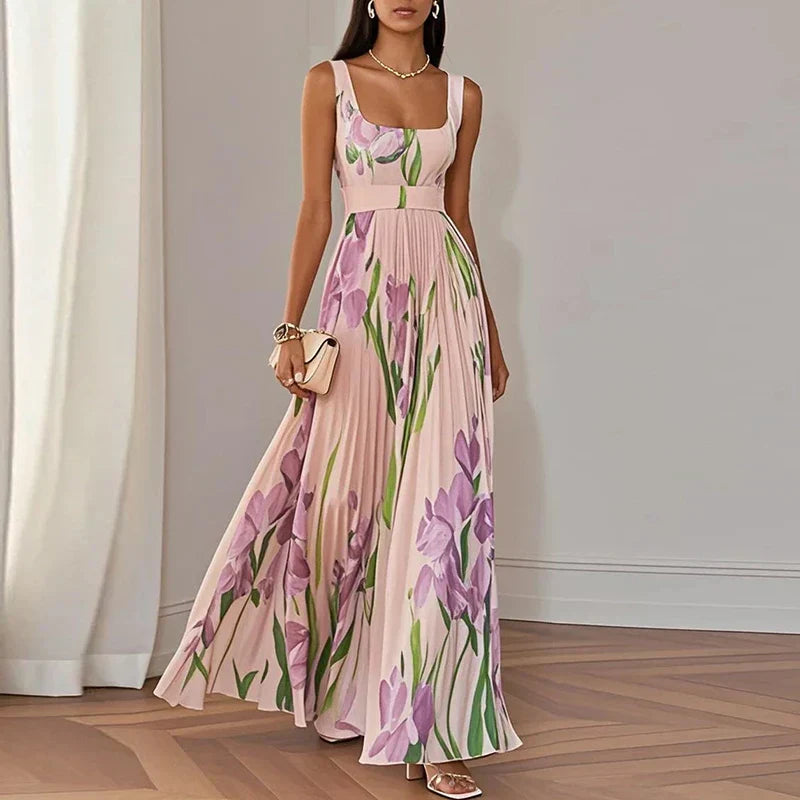 BEAUMONT NICE | ROBE MAXI PLISSÉE À IMPRIMÉ FLORALE ÉLÉGANT POUR FEMMES