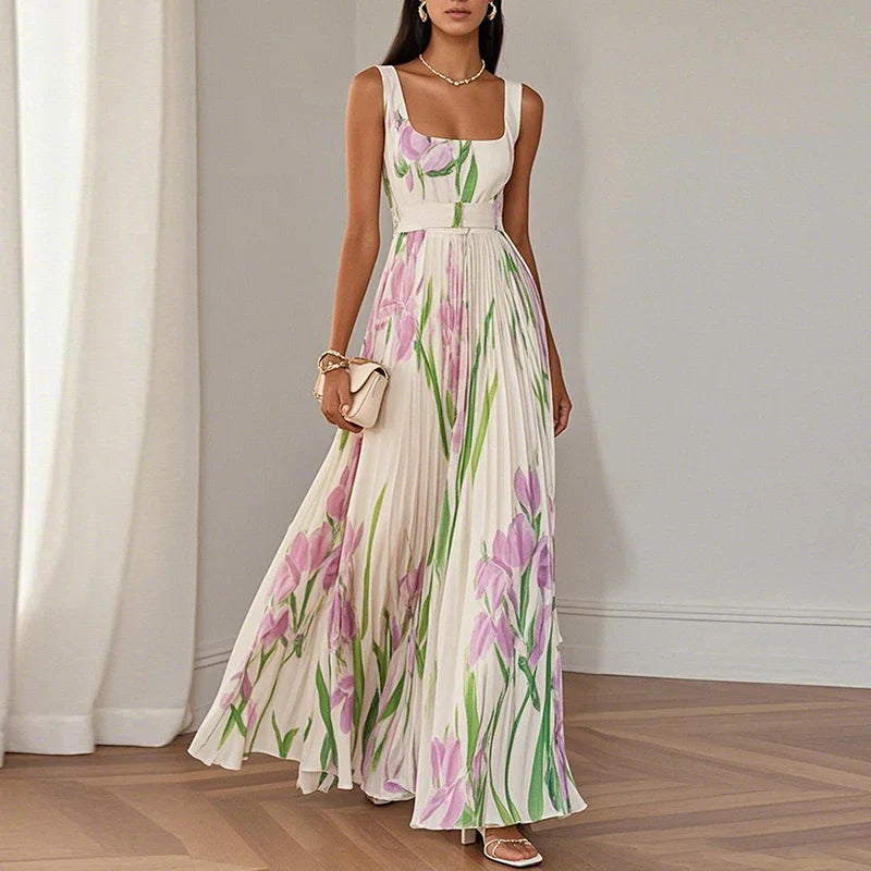 BEAUMONT NICE | ROBE MAXI PLISSÉE À IMPRIMÉ FLORALE ÉLÉGANT POUR FEMMES