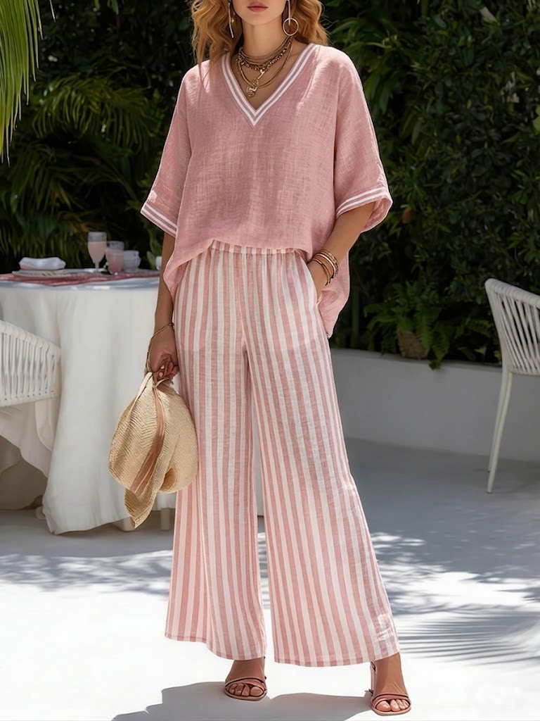 BEAUMONT NICE | ENSEMBLE DE DEUX PIÈCES AVEC HAUT À COL EN V ET PANTALON LARGE POUR FEMMES