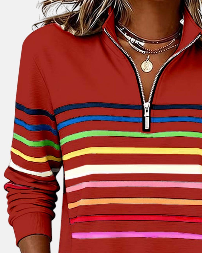 BEAUMONT NICE | SWEAT-SHIRT À COL ZIPPER QUART DE LONGUEUR RAYÉ POUR FEMMES