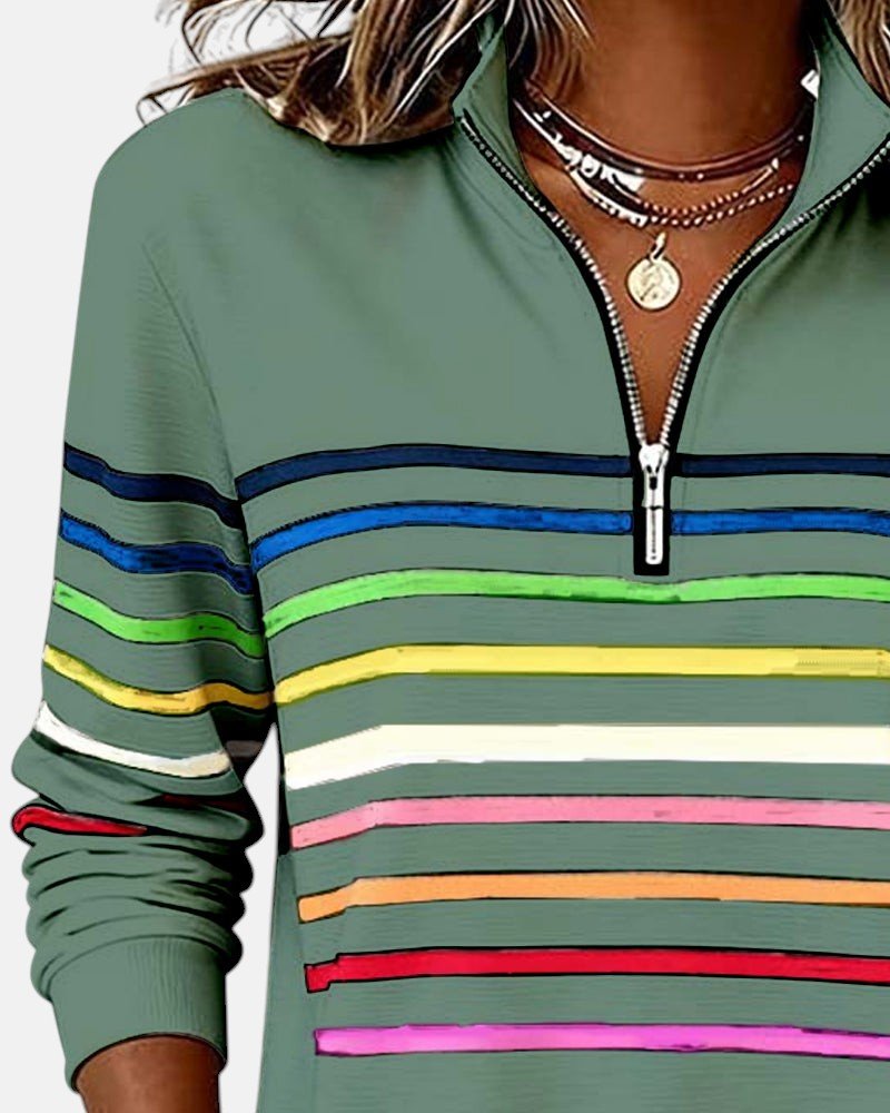 BEAUMONT NICE | SWEAT-SHIRT À COL ZIPPER QUART DE LONGUEUR RAYÉ POUR FEMMES