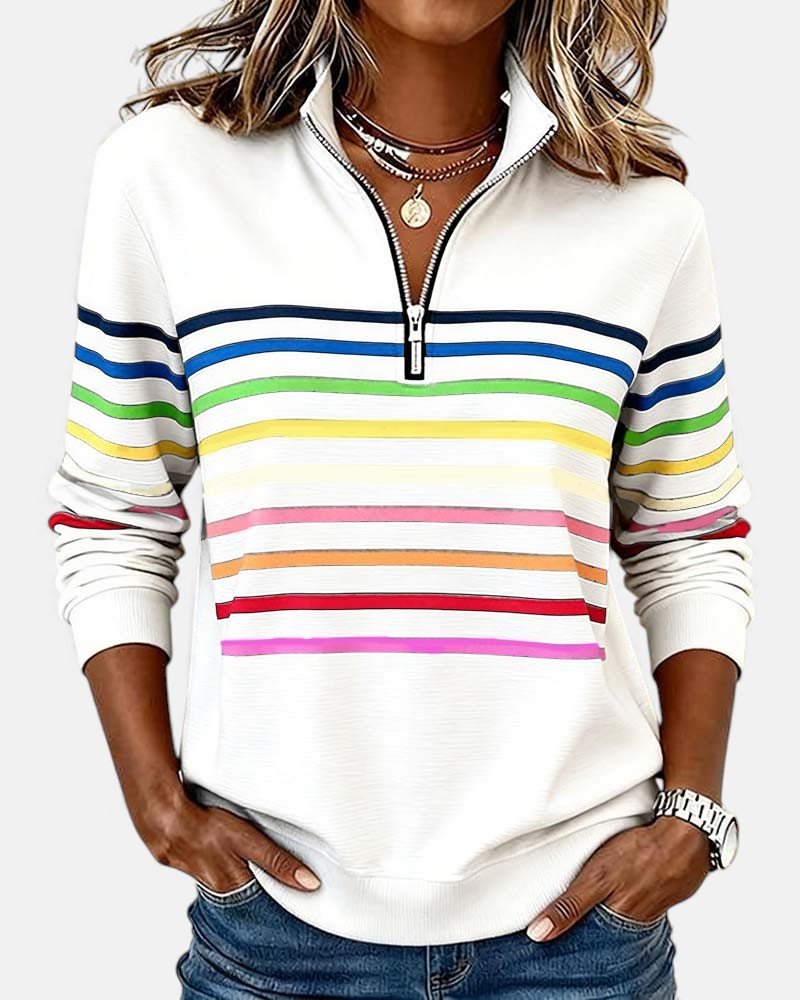 BEAUMONT NICE | SWEAT-SHIRT À COL ZIPPER QUART DE LONGUEUR RAYÉ POUR FEMMES
