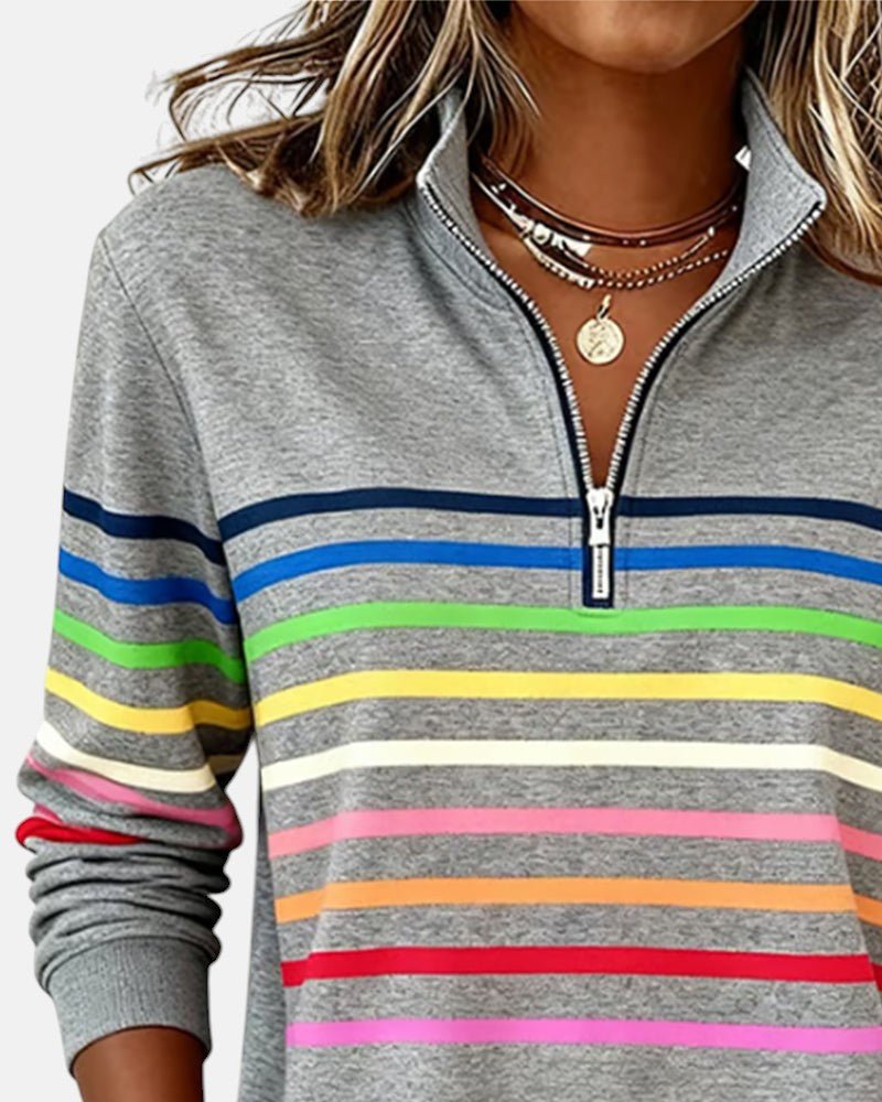 BEAUMONT NICE | SWEAT-SHIRT À COL ZIPPER QUART DE LONGUEUR RAYÉ POUR FEMMES